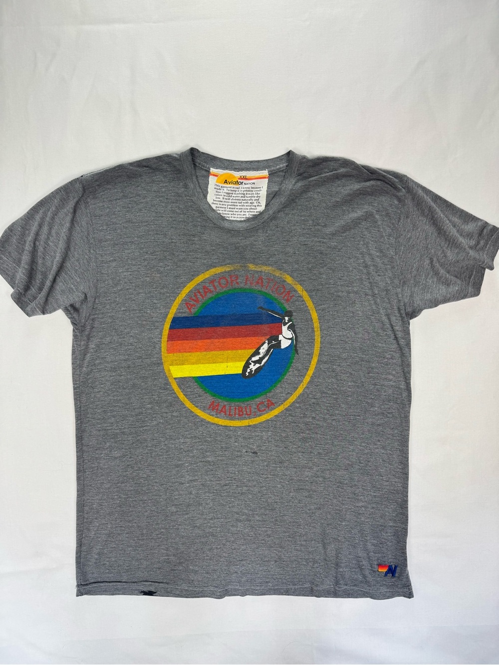 Aviator Nation Malibu CA Surfer Graphic Tee Shirt Charcoal Gray flaws